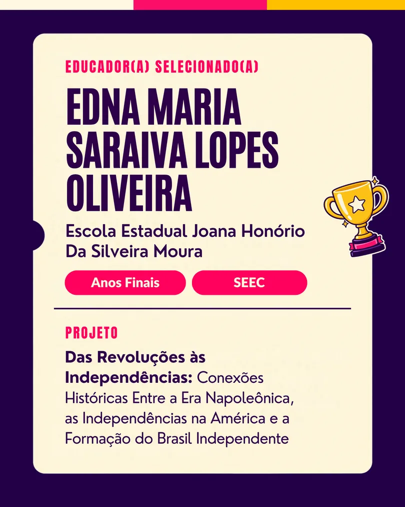 Educador(a) selecionado(a): Edna Maria Saraiva Lopes Oliveira, EE Joana Honório da Silveira Moura (Anos Finais, SEEC/RN). Projeto: Das Revoluções às Independências.